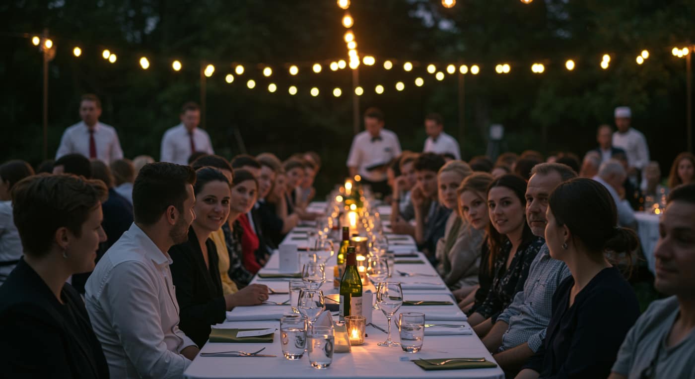 Festlich gedeckte Tafel mit Gästen und Catering-Team im Hintergrund